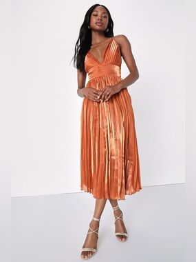 Lulu's Romantic Aesthetic Shiny Rust Orange Pleated Midi Dress